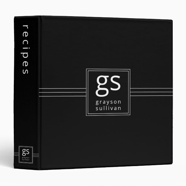 Black White Simple Monogram Recipe binder (Front/Spine)
