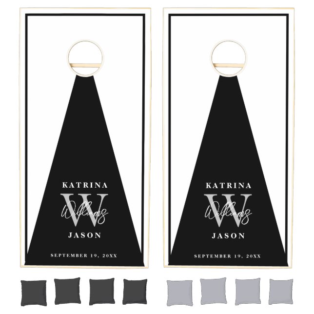 Black & White Simple Monogrammed Wedding  Cornhole Set (Set)