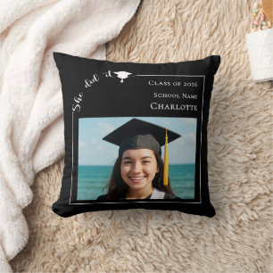 Black white simple photo She did it Graduate Throw Pillow