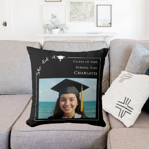 Black white simple photo She did it Graduate Throw Pillow