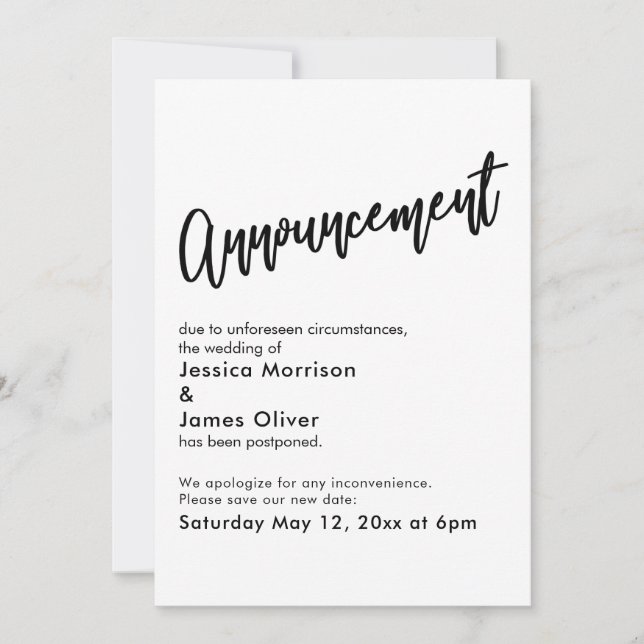 Black White Simple Postponed Wedding Announcement (Front)