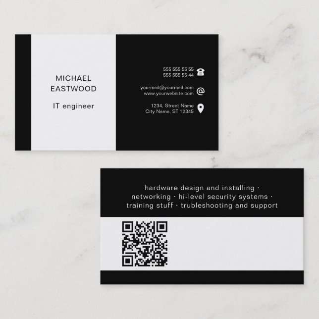Black White Simple Professional QR Code Business Card (Front/Back)