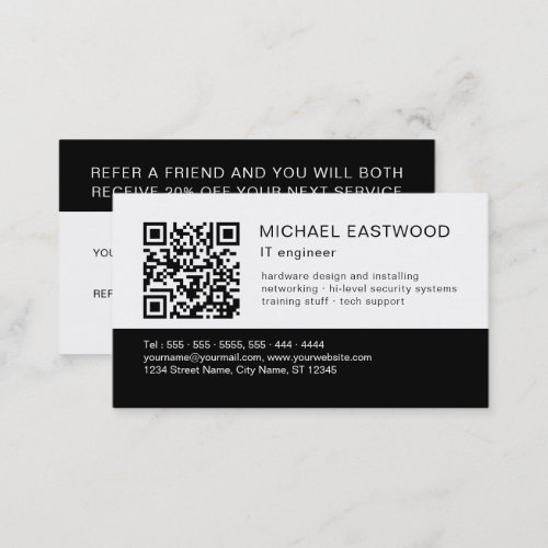 Black White Simple QR Code 2 in 1 Referral And Business Card