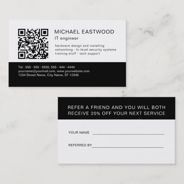 Black White Simple QR Code 2 in 1 Referral And Business Card (Front/Back)