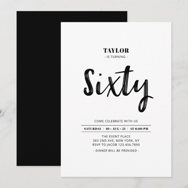 Black & White Simple Sixty 60th Birthday Party Invitation (Front/Back)