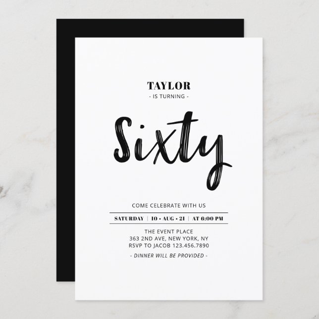 Black & White Simple Sixty 60th Birthday Party Invitation (Front/Back)