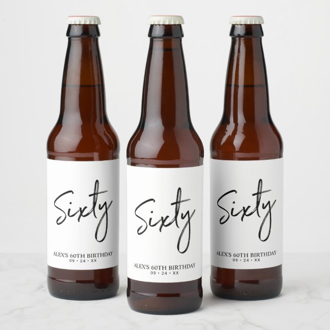Black & White Sixty Lettering 60th Birthday Party Beer Bottle Label (Bottles)