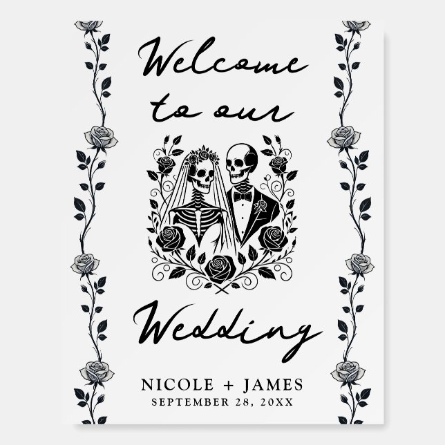 Black White Skeleton Floral Rose Vine Wedding  Foam Board (Front)