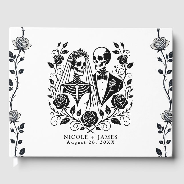 Black White Skeleton Floral Rose Vine Wedding  Guest Book (Front)