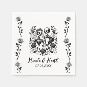 Black White Skeleton Floral Rose Vine Wedding  Napkins