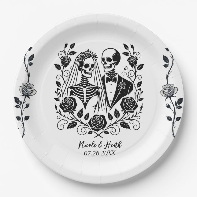 Black White Skeleton Floral Rose Vine Wedding  Paper Plates (Front)