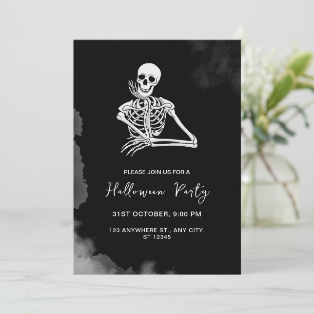 Black & White Skeleton Halloween Party Invitation (Standing Front)