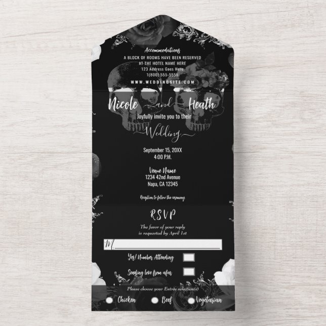 Black & White Skeleton Skull Gothic Wedding     All In One Invitation (Inside)