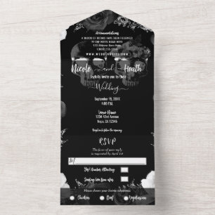 Black & White Skeleton Skull Gothic Wedding All In One Invitation