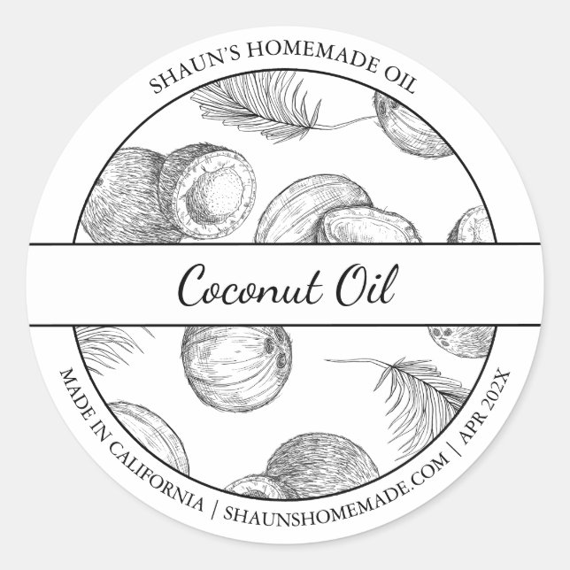Black & White Sketch Coconut Oil label (Front)