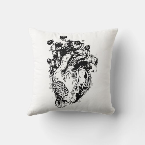 Black  White Sketch Outline Human Heart  Flowers Throw Pillow