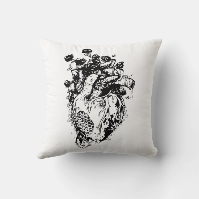 Black & White Sketch Outline Human Heart & Flowers Throw Pillow (Back)