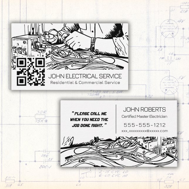 Black & White Sketch Style Electrician with QR Business Card (Creator Uploaded)
