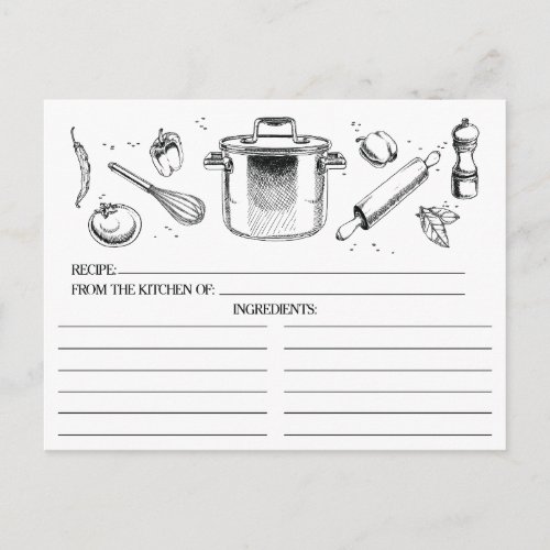 Black White Sketched Kitchen Tools Recipe Cards