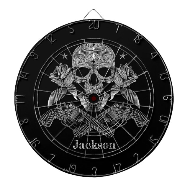 Black & White Skull and Guns Dartboard With Darts (Front)