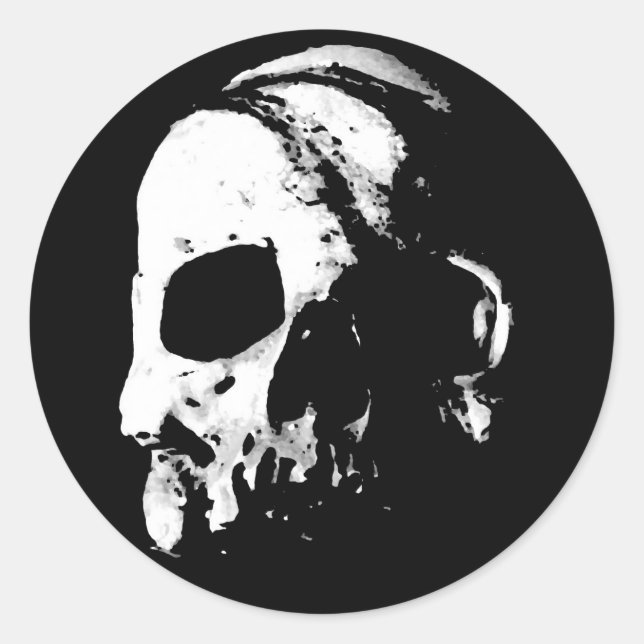 Black White Skull College Classic Round Sticker (Front)