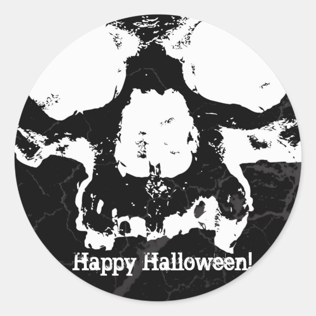 Black & White Skull Grungy Halloween Fright Party Classic Round Sticker (Front)