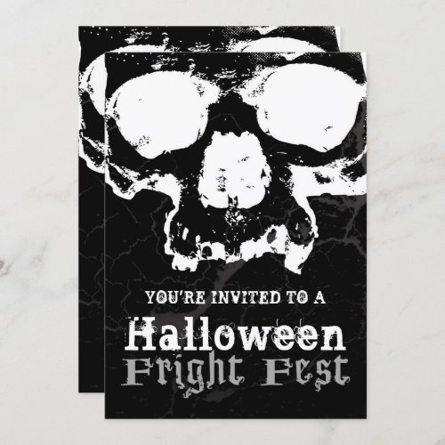 Black  White Skull Grungy Halloween Fright Party Invitation