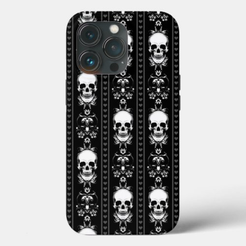 Black  White Skull Stripes  iPhone 13 Pro Case