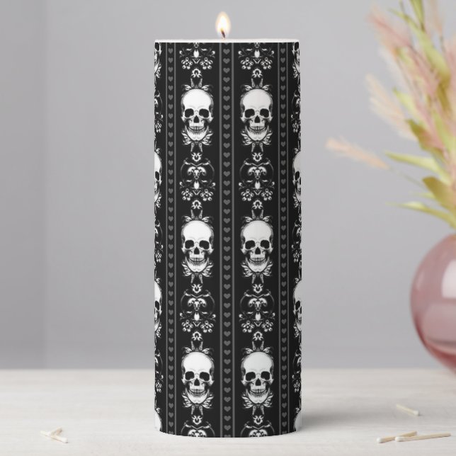 Black & White Skull Stripes Pillar Candle (In Situ)