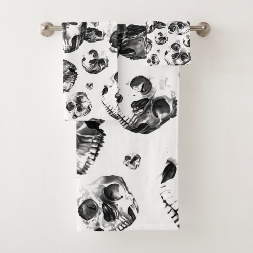 Black  White Skulls Skeleton Skull Art Pattern Bath Towel Set