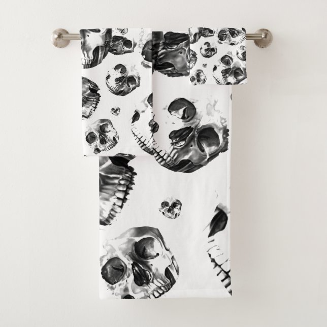 Black & White Skulls Skeleton Skull Art Pattern Bath Towel Set (Insitu)