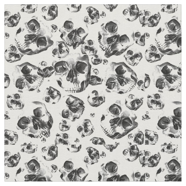 Black & White Skulls Skeleton Skull Art Pattern Fabric (Close Up)
