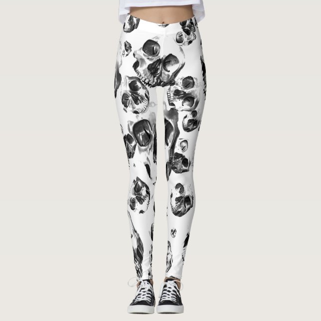 Black & White Skulls Skeleton Skull Art Pattern Leggings (Front)