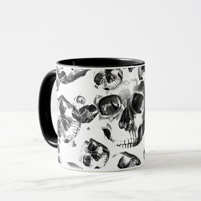 Black & White Skulls Skeleton Skull Art Pattern Mug (Front Left)