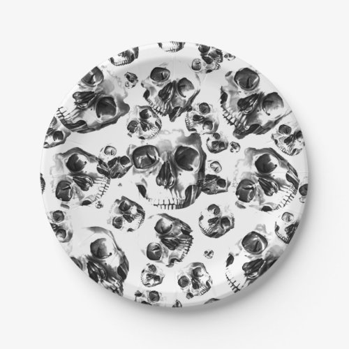 Black  White Skulls Skeleton Skull Art Pattern Paper Plates
