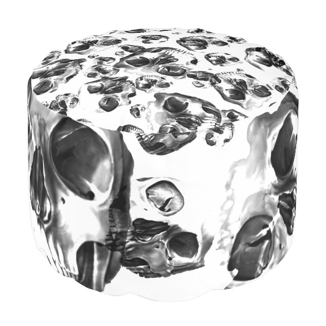 Black & White Skulls Skeleton Skull Art Pattern Pouf (Angled Front)