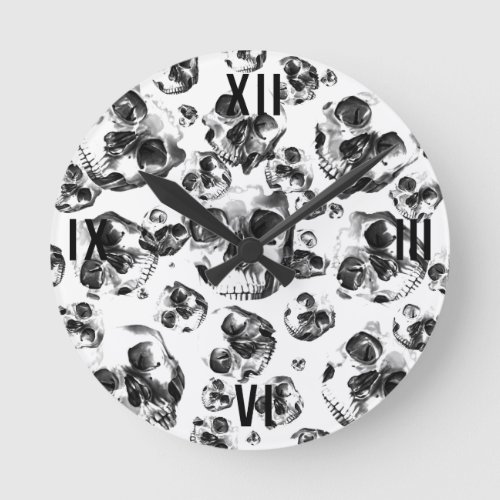 Black  White Skulls Skeleton Skull Art Pattern Round Clock