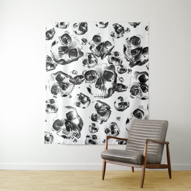 Black & White Skulls Skeleton Skull Art Pattern Tapestry (In Situ)