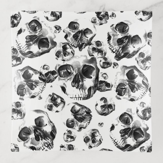 Black & White Skulls Skeleton Skull Art Pattern Trinket Tray (Front)