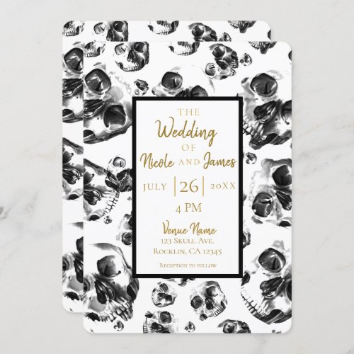 Black  White Skulls Skeleton Skull Wedding Invitation