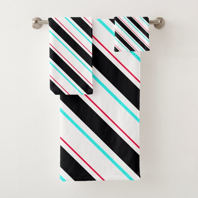 Black White Slanted Regimental Stripe Lines Bath Towel Set (Insitu)