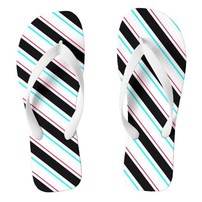 Black White Slanted Regimental Stripe Lines Flip Flops (Footbed)