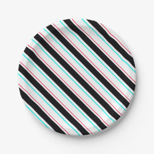 Black White Slanted Regimental Stripe Lines Paper Plates