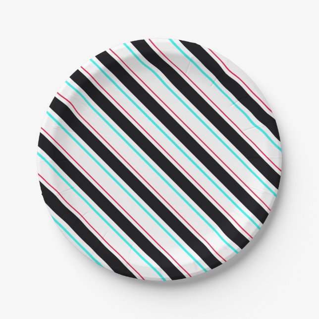 Black White Slanted Regimental Stripe Lines Paper Plates (Front)