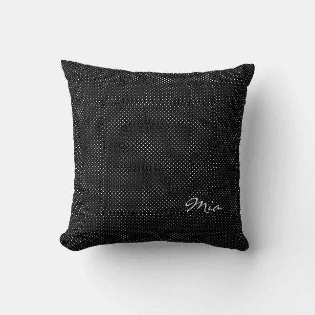 Black & White Small Polka Dot & Name or Monogram Throw Pillow (Front)