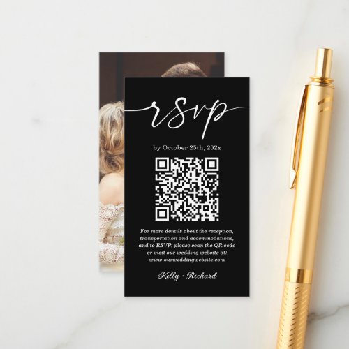Black White Small Vertical Wedding RSVP QR Code Enclosure Card