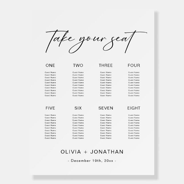 Black White Small Wedding Seating Chart 8 Tables Foam Board (Front)