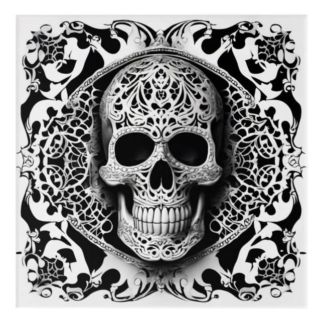 Black & White Smiling Lace Skull Acrylic Print (Front)