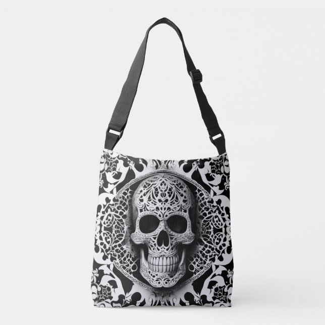 Black & White Smiling Lace Skull Crossbody Bag (Front)