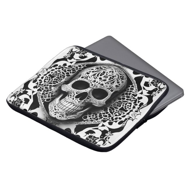 Black & White Smiling Lace Skull Laptop Sleeve (Front Top)
